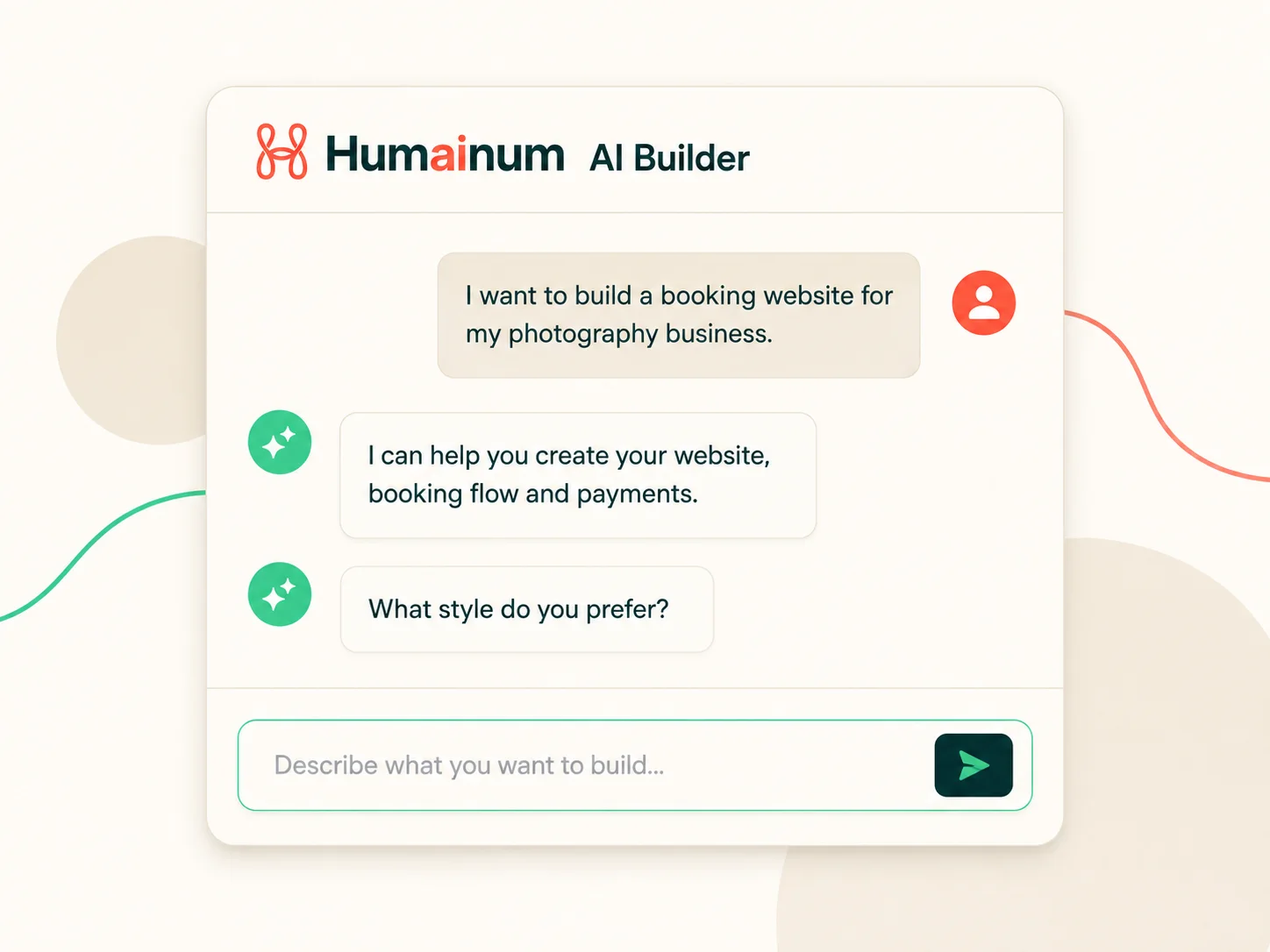 Humainum builder screen: describing an idea in the prompt box, with a live preview generating